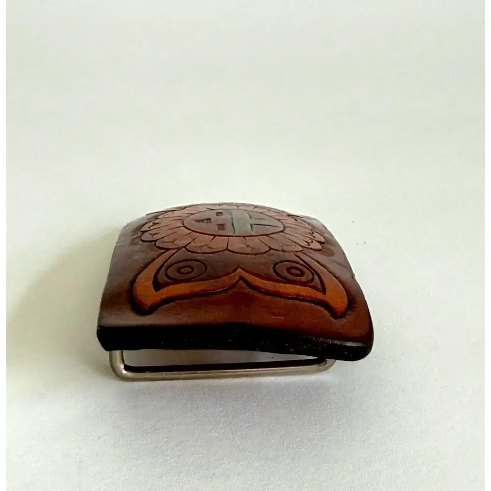 Native American Tooled Leather Belt Buckle Sunface Butterfly Southwestern